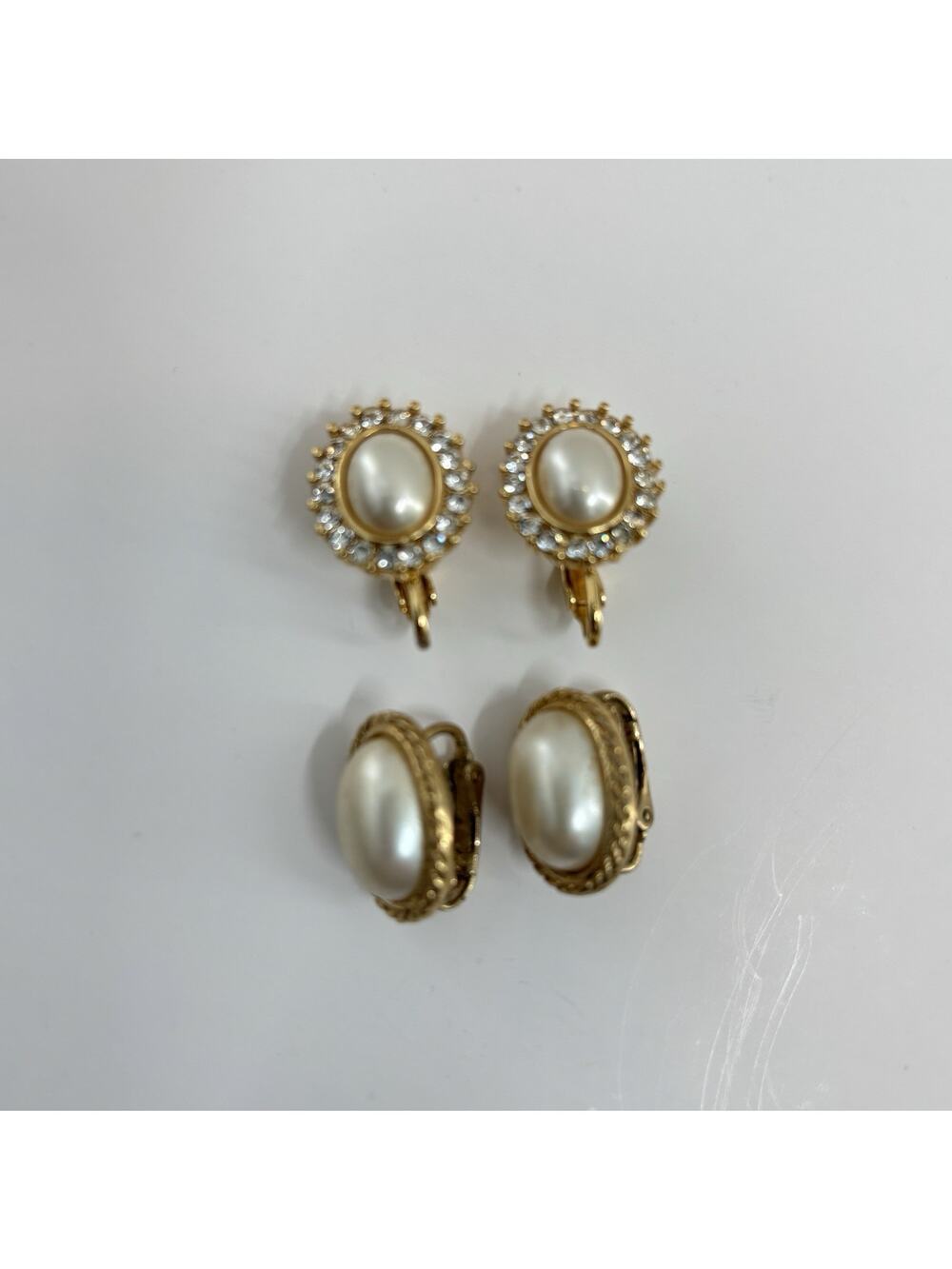 Trifari Earrings Lot of 2 Clip On Gold Tone Oval Faux Pearl Rhinestones Vintage
